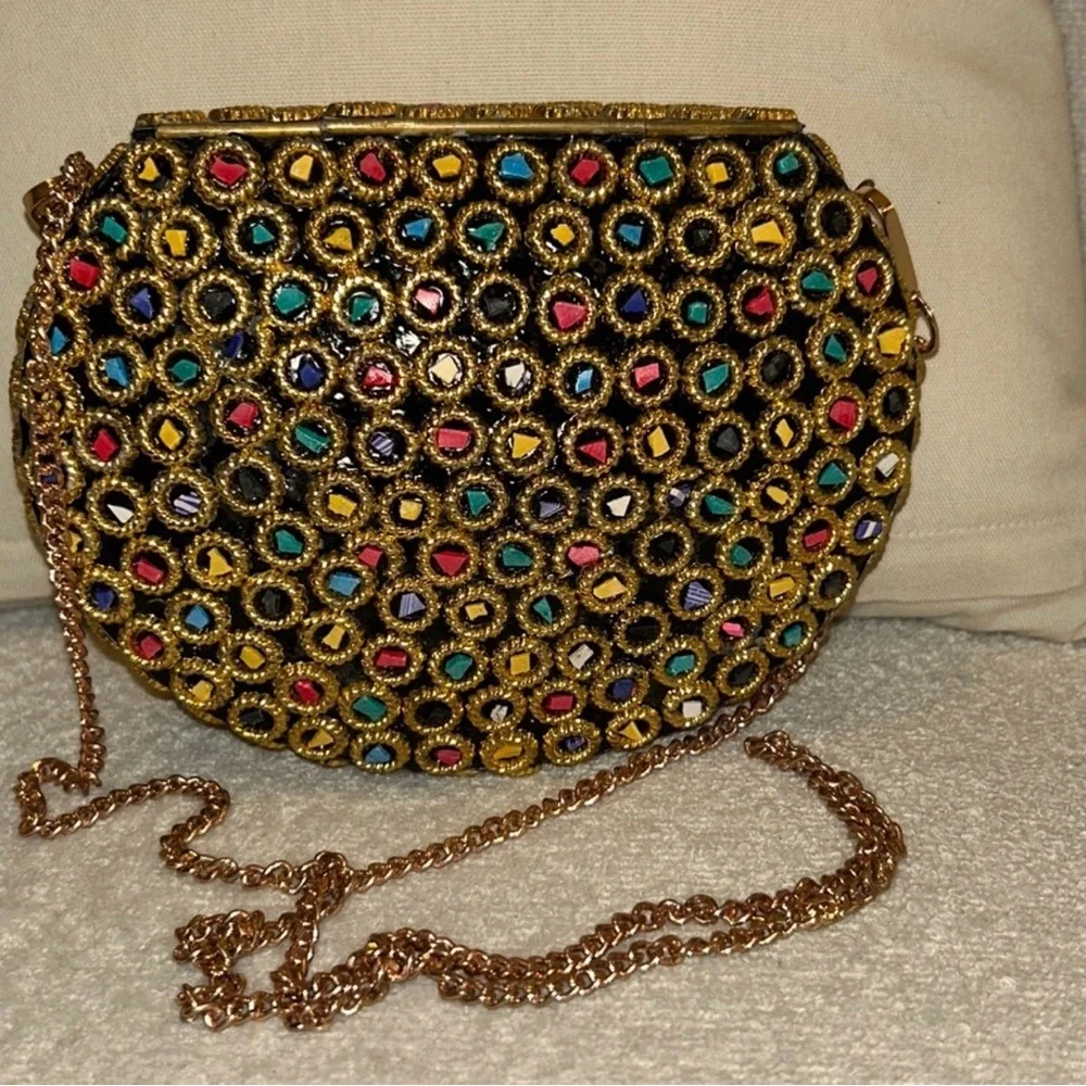 New Ramla Atom Multicolored Mosaic Handmade Crossbody Clutch Bag w/ Chain